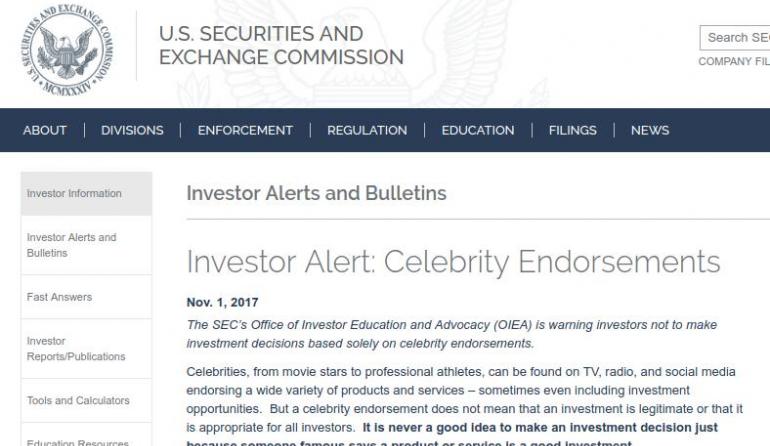 US SEC Investor Alert Hints at ICOs: Warning Against Celebrity Endorsements