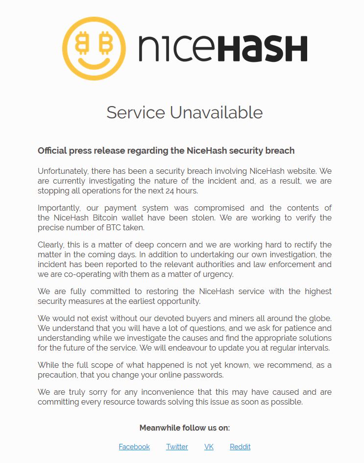 Nicehash Website Replaced by Announcement of User Funds Lost To Hackers
